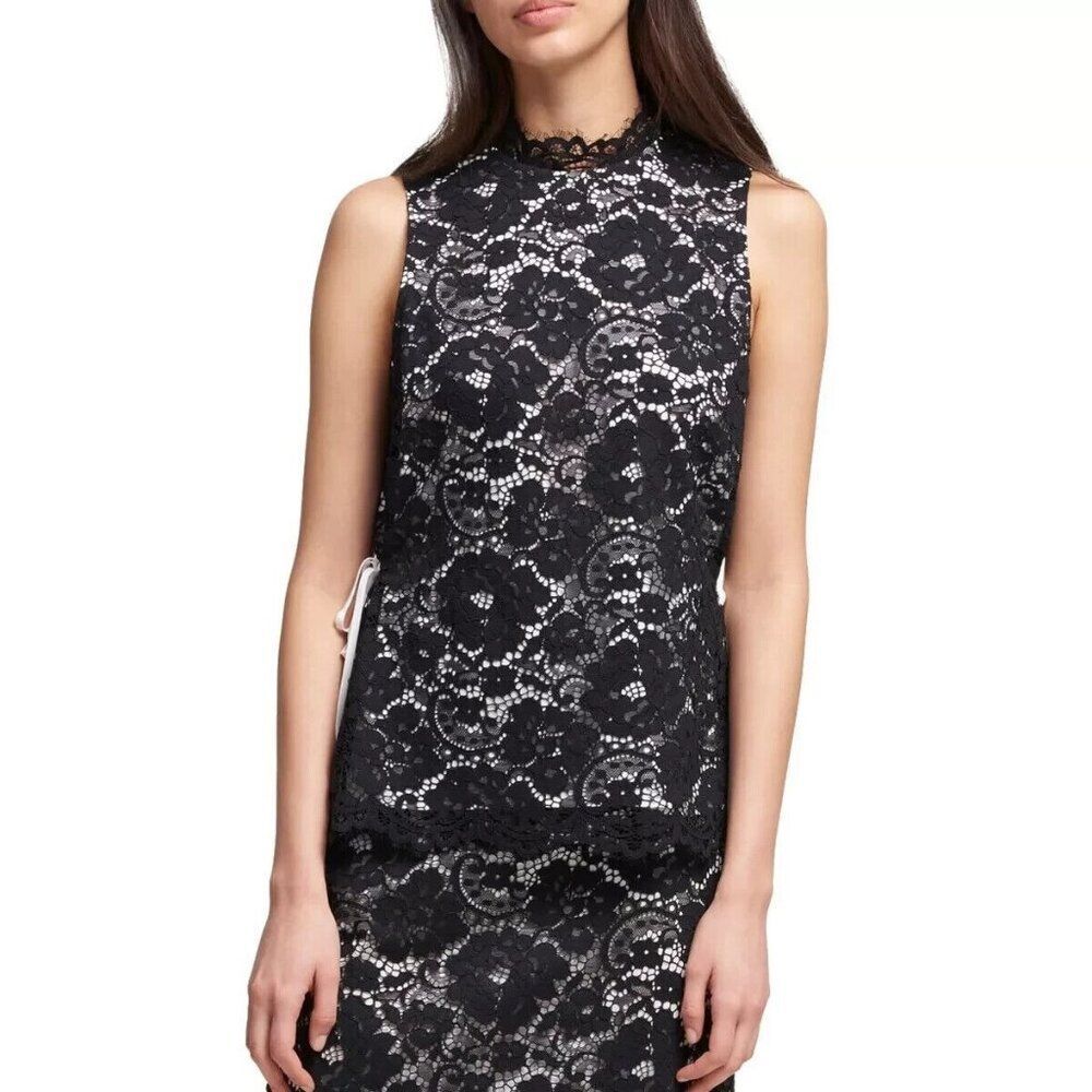 DKNY Women's size XL Black Lace Lined Sleeveless High Neck Blouse with Side Ties